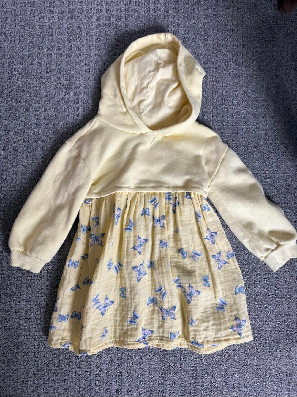 GAP Pale Yellow Hoodie Dress with Blue Butterfly Print